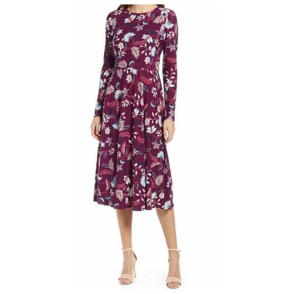 Eliza J Floral Aubergine Long Sleeve Midi Dress Size 4 in Maroon Multicolor NWT - Picture 2 of 8